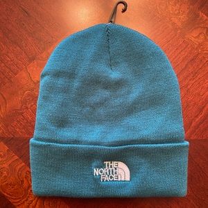 North face adult blue bean hat warm, soft furry inside